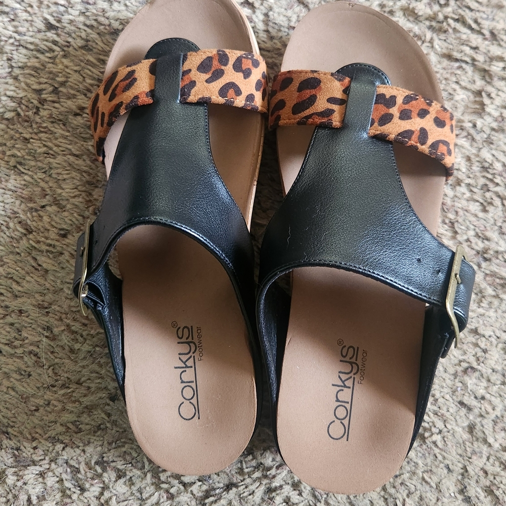 Corkys Black and Brown Two-Strap Sandals